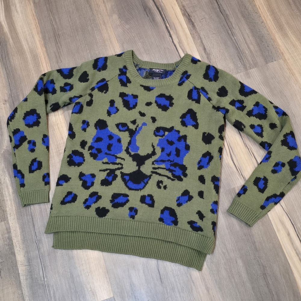 Hooked Up Womens Jrs Sweater Green Purple Leopard Cheetah Cat Print Acrylic XS - Picture 4 of 7